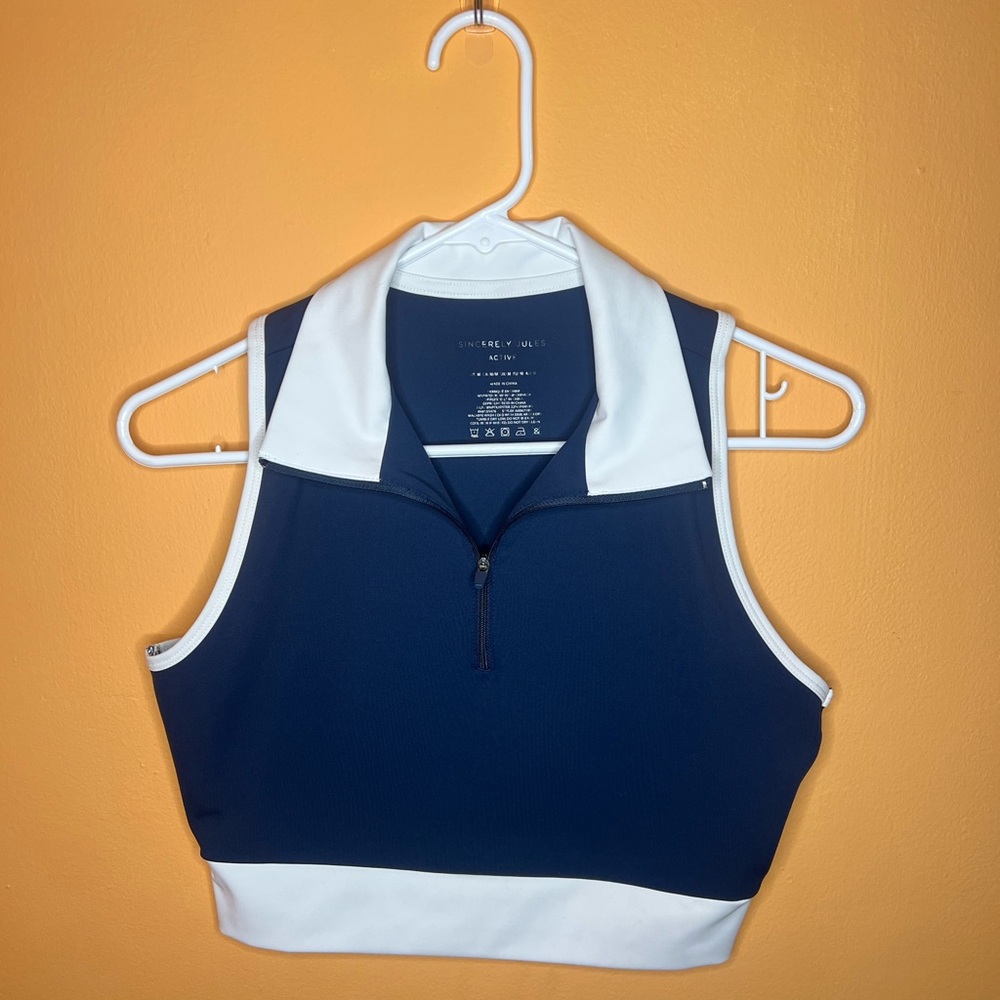 Stylish Navy and White Zip Bikini Top